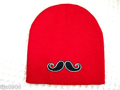 Small Black White Mustache Design Red Warm Knitted Skull Beanie Ski Cap-New!
