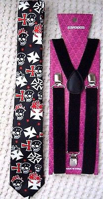 Black with White Flaming Skulls+Crosses Necktie+BLACK Adjustable Suspenders Set