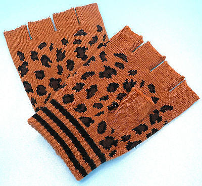 CHEETAH LEOPARD PRINT DARK BROWN FINGERLESS GLOVES KNIT SAFARI ANIMAL-NEW!