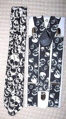 Unisex Dancing Skeleton Neck Tie& Wide Skeleton w/ Guitar Suspenders Combo-New!