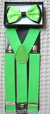 SOLID GREEN ADJUSTABLE BOW TIE+GREEN THICK WIDE ADJUSTABLE SUSPENDERS COMBO!!