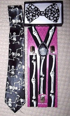 Unisex Skulls Bow tie, Skeleton Neck Tie,& Skeleton Bones Suspenders Combo-New!1