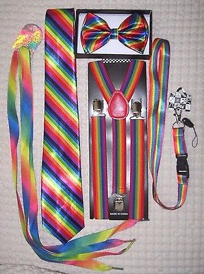 Men's Rainbow Stripes Adjustable Bow tie,Neck Tie,Suspenders,Lanyard,Shoelaces12