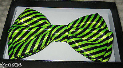 Neon Yellow Green Striped Bow Tie & Neon Green Glittered Adjustable Suspenders