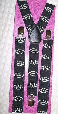 Unisex White Brass Knuckles Y-Style Adjustable Back suspenders-New in Package!