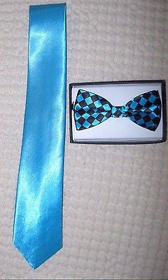 Black Plaid Neck tie & Black Plaid Adjustable Bow Tie Combo Set! Brand New!