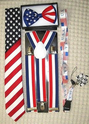 US Flag American Flag Suspenders,Lanyard,Tie &Red,White,Blue Stripes Bow Tie-v9