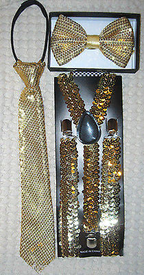 Teens Young Adults Gold Sequin Bow Tie,NeckTie & Y-back Suspenders Combo-New