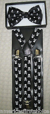 Black Small White Skulls and Crossbones Pre-Tied Strap Bow tie & Adjustable Suspenders Combo