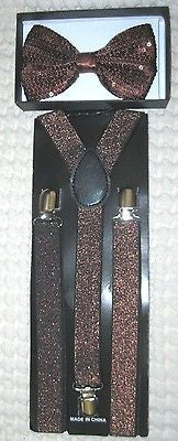 Unisex Brown Sequin Tuxedo Adjustable BowTie & Brown Glittered Suspenders-New!