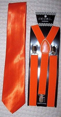 Bright Neon Orange Neck Tie & Bright Orange Adjustable Y-Back Suspenders-New!V2