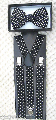 Black White Polka Dot Bow Tie&White Polka Dot Adjustable Y-Back Suspenders--New!