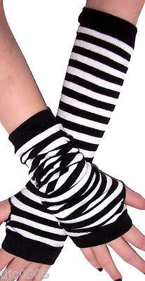 Unisex Black White Stripes Elastic Fingerless Arm Warmers Elbow Long Gloves-New