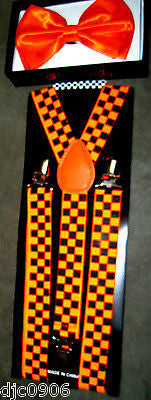 Neon Orange Adjustable Bow tie & Neon Orange Checkered Suspenders Combo-New!V2