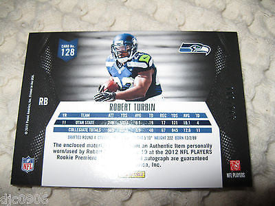 Robert Turbin RC 2012 Panini Momentum 3Clr Patch/Autograph Auto#/599 Rookie Card