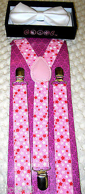 Valentine Solid White Adjustable Bow Tie & Pink White Stars Suspenders Combo-New