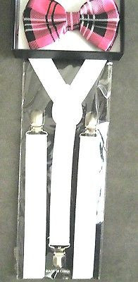 Pink White Plaid Adjustable Bowtie & White Adjustable Suspenders Combo-New!