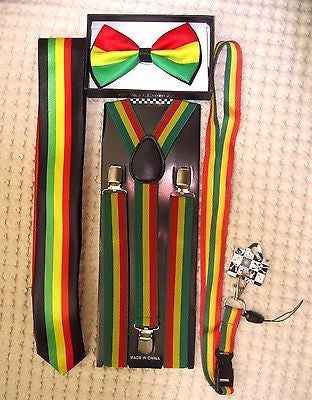 Rasta Stripes Bow Tie,Rasta NeckTie,Rasta Stripes Suspenders&Rasta Lanyard-NEW7