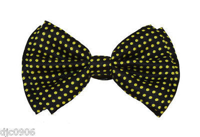 BLACK WITH SMALL YELLOW POLKA DOTS PRE-TIED ADJUSTABLE STRAP BOW TIE-NEW!