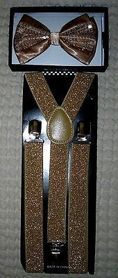 Champaign Gold Black Tips Adjustable Bow tie & Glittered Adjustable Suspenders