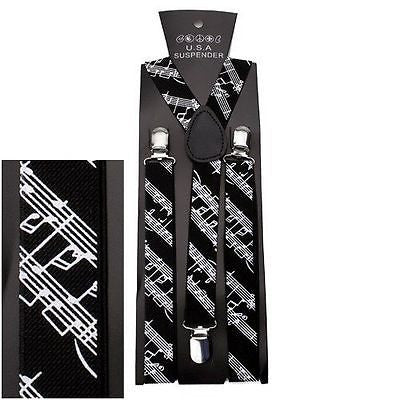 White Black Musical Notes MOTIF SUSPENDERS Y-Back Adjustable Suspenders-New!