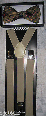 Tan Beige Checkered Diamonds Adjustable Bow tie&Beige Adjustable Suspenders Set