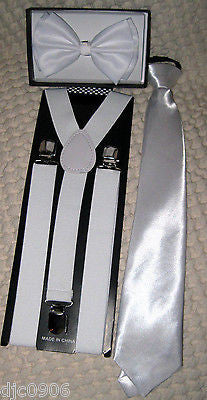 White Adjustable Bow Tie,White Pre-Tied Neck tie & White Suspenders Set-New!