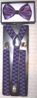 PURPLE BLACK TIPS TUXEDO ADJUSTABLE BOW TIE+PURPLE ADJUSTABLE SUSPENDERS COMBO