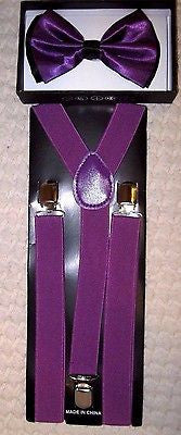 PURPLE BLACK TIPS TUXEDO ADJUSTABLE BOW TIE+PURPLE ADJUSTABLE SUSPENDERS COMBO