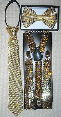 Gold Sequin Adjustable Bow Tie,Gold Neck tie & Gold Sequin Suspenders Set-New!2