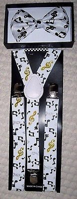 WHITE BLACK MUSICAL NOTES ADJUSTABLE BOW TIE+ ADJUSTABLE MUSIC SUSPENDERS COMBO