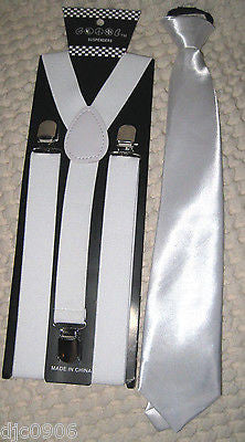 Teens White Black Checkered  Pre-Tied Necktie & Black White Diamonds Suspenders