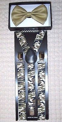 Beige Tan Adjustable Bow Tie&Army Marines Camo Camouflage Adjustable Suspenders