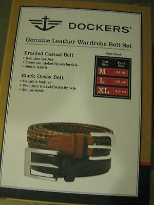 DOCKERS Leather Soft-Touch Leather Two Belt Lot Black & Brown Belts -XLarge-New!