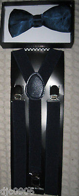 Shiny Dark Green Adjustable Bow Tie & Tan Beige Adjustable Suspenders Set-New!