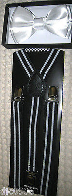 Solid Black Adjustable Bow Tie & Black/White Stripes Adjust Suspenders Combo-New