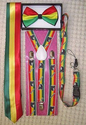 Rasta Stripes Bow Tie,Rasta NeckTie,Rasta Stripes Suspenders&Rasta Lanyard-NEW17