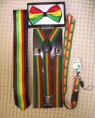 Rasta Stripes Bow Tie,Rasta NeckTie,Rasta Stripes Suspenders&Rasta Lanyard-NEW8