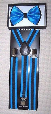 Solid French Blue Adjustable Bow Tie&French Blue&Black Stripes Suspenders Set