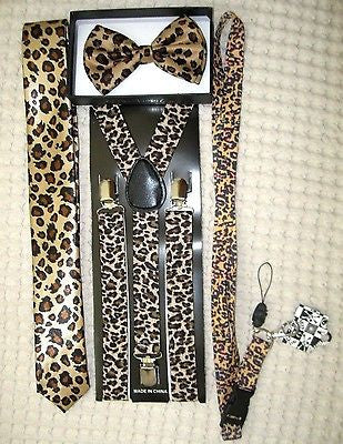 Leopard Print Adjustable Bow tie,Necktie,Wide 1" Leopard Suspenders, & Lanyard