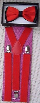 Unisex Red with Black tips Bow Tie and Red Adjustable Suspenders-New in Package!