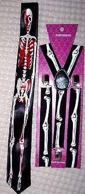 Unisex Bloody Skeleton Neck Tie & Skeleton Bones Adjustable Y-Back Suspenders