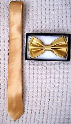 Solid Gold Neck tie & Solid Gold Adjustable Bow Tie Combo Set! New!
