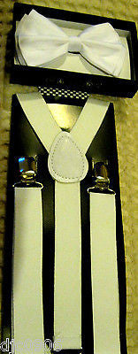 Solid Bright White Adjustable Bow Tie & Solid White Adjustable Suspenders Combo