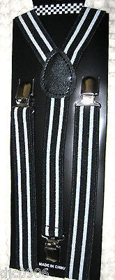 Solid Black Adjustable Bow Tie & Black/White Stripes Adjust Suspenders Combo-New