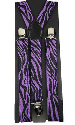 Unisex Purple and Black Zebra Print Y-Style Back suspenders with polished clips