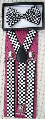 BLACK WHITE CHECKERED Adjustable Bow tie&Adjustable Y-Back Suspenders Combo-New2