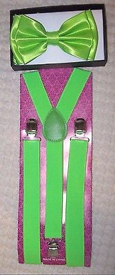 LIME GREEN Adjustable Bow Tie & LIME GREEN Adjustable Suspenders Combo-New!v2