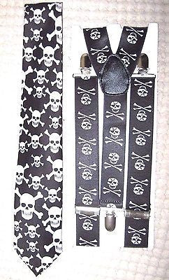 Unisex Large Skulls and Crossbones Neck Tie & Matching Wide Suspenders Combo-New