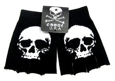 BLACK WHITE LARGE SKULL KNIT FINGERLESS GLOVES WINTER WOMENS MEN